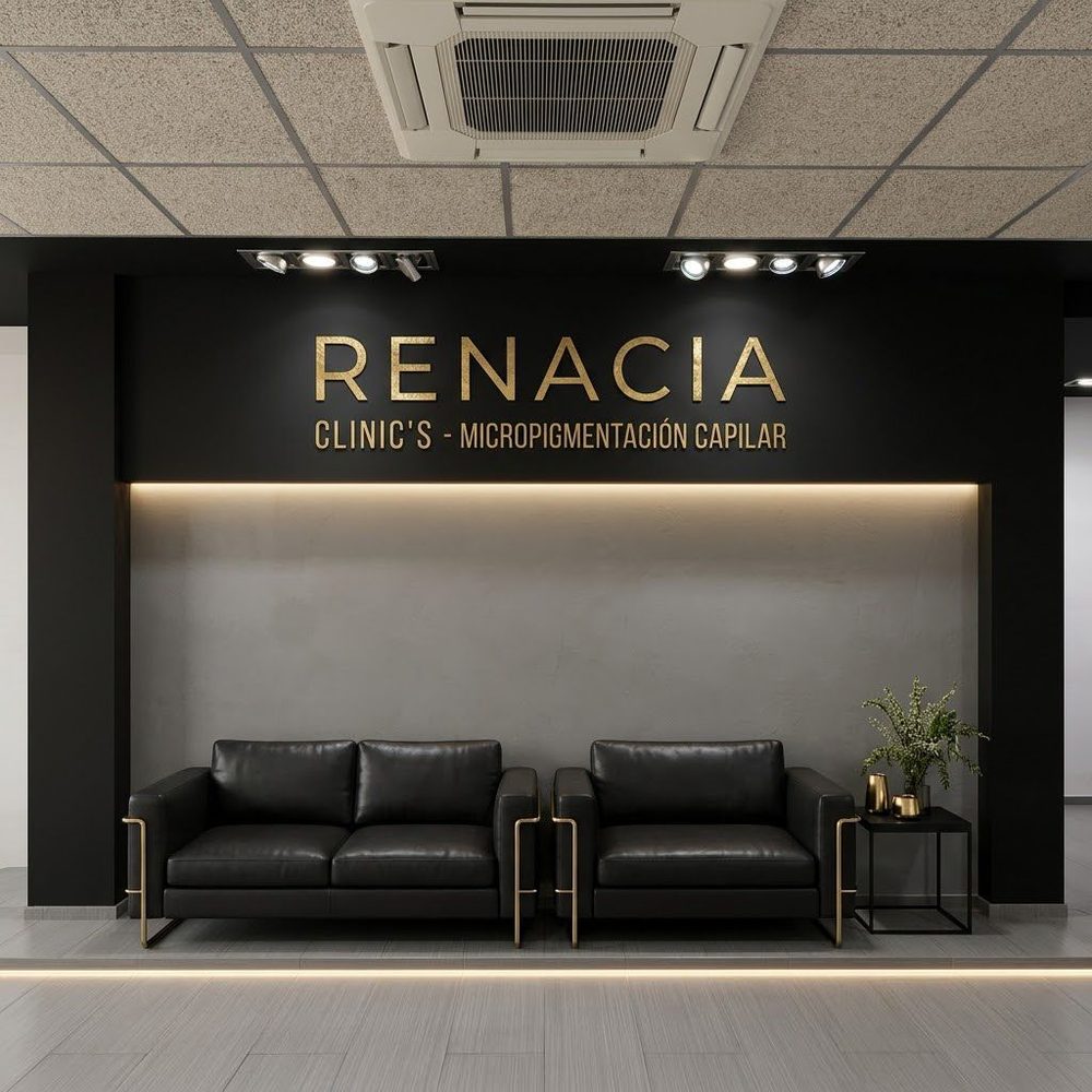 Sala de espera del local, con sofás y el logo de Renacia Clinic's