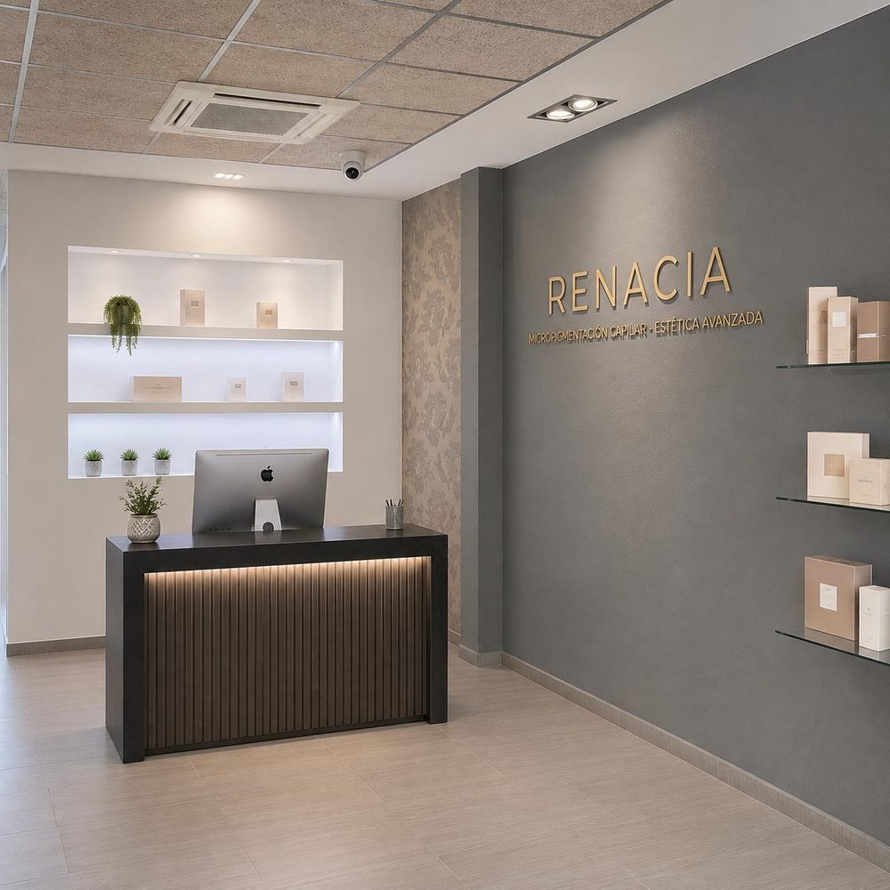 Recepción del local, con el logo de Renacia en la pared
